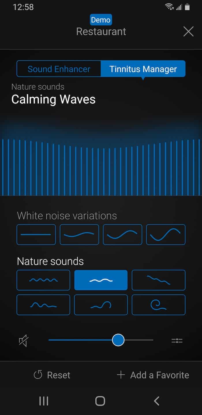 HearMaxs built in Tinnitus management program allows you to find the right sound to distract yourself from bothersome tinnitus